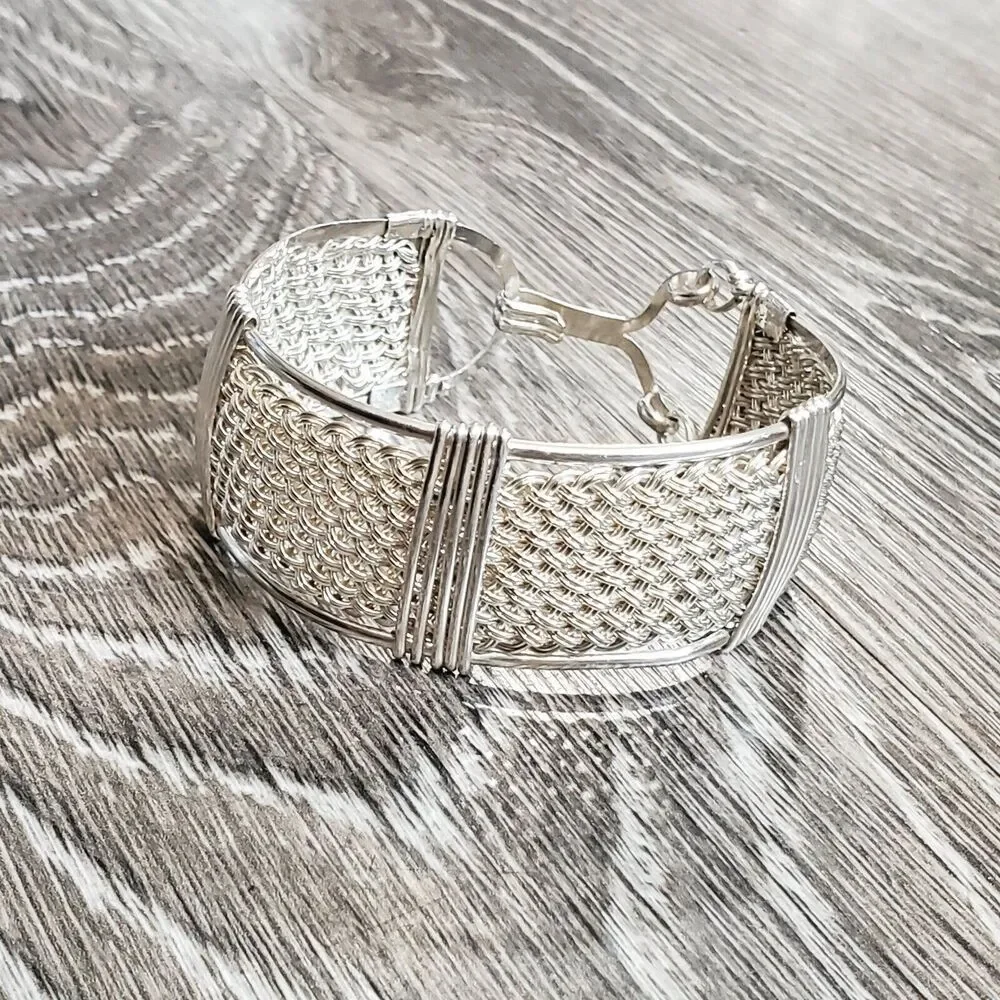 Handwoven 25mm Wide Textile Weave Sterling Silver Bracelet 42 Grams